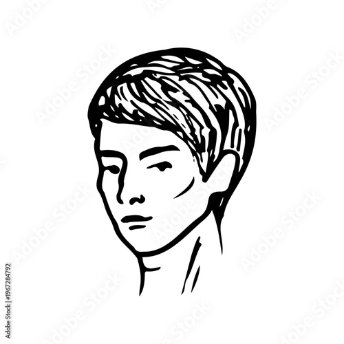 handsome young Asian man with a three-quarter view. Black contour doodle of a male face isolated on white background.