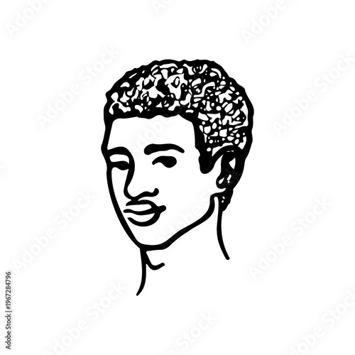 Head of black handsome young man with curly hair doodle.