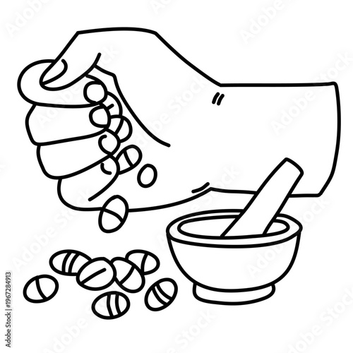 Hand crushing pills with a mortar and pestle for medicine preparation