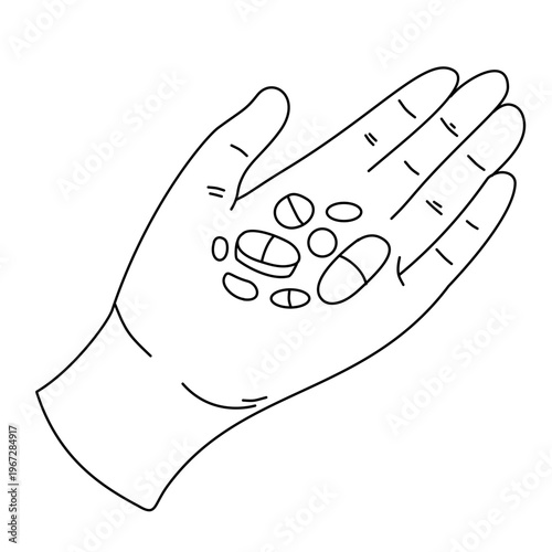 Open palm holding many different pills and capsules for medication intake