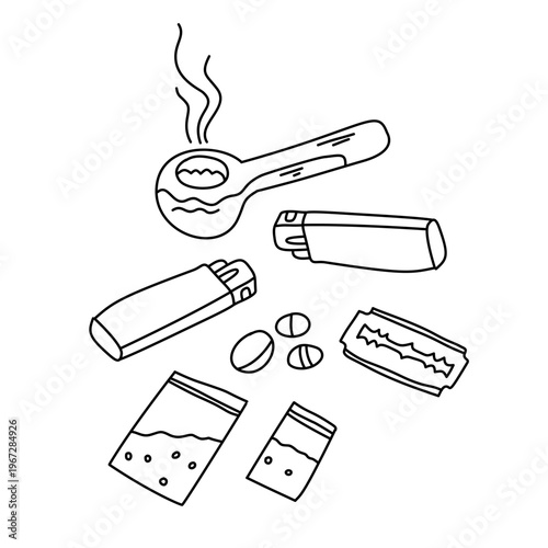 Collection of drug equipment including pipe lighter razor and small bags