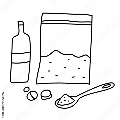 Spoon with powder next to a bottle and bag of drugs