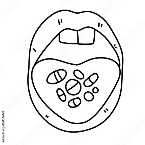 Open mouth with tongue holding many different medical pills and capsules