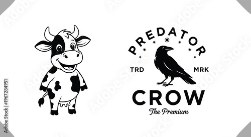 Vector illustration set with cute cartoon cow character and predator crow vintage logo badge design