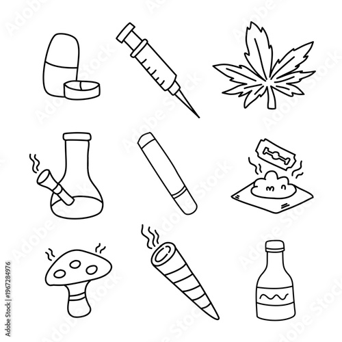 Collection of various narcotic items including pills syringe mushrooms and smoking tools