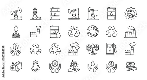 Line art icons depicting oil industry energy and environmental concepts