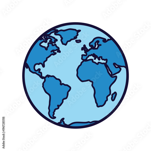 A simple, flat illustration of the Earth with blue continents and oceans on a white background.