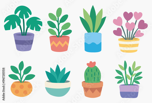 Conjunto de vasos de plantas coloridos e com formatos agradáveis - Ilustração vetorial