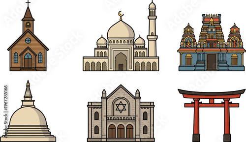 Illustrations of various religious buildings around the world on display