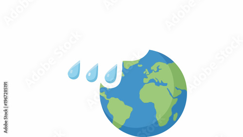 A blue and green globe with three water droplets on a white background, representing the Earth with a symbol of water.
