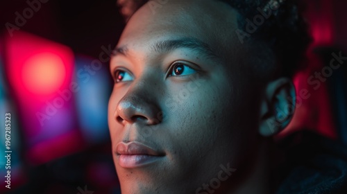 Young man illuminated by neon computer screens. Close-up portrait of Black male indoors, colorful red and blue lighting, desktop monitors and gaming setup in background, modern tech environment.