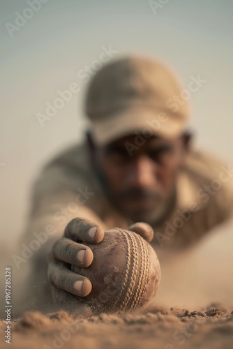 Cricketer reaching for ball on dirt field. South Asian adult male in cap stretching hand toward worn cricket ball, close-up perspective, sandy ground, outdoor sports practice.