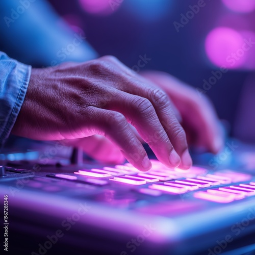 Close-up of hands adjusting DJ controller with neon lighting.