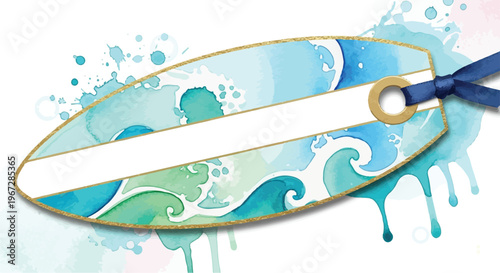 Surfboard Shaped Gift Tag with Blue Watercolor Ocean Waves and Ribbon Isolated on White