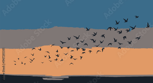 A beautiful illustration of a large flock of migratory birds soaring gracefully across a breathtaking sunset sky over the ocean, symbolizing freedom and journey.