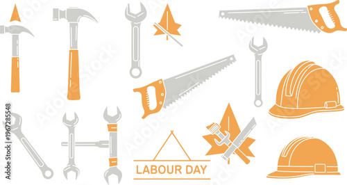 A vibrant illustration celebrating labour day with essential industrial tools like hammers, saws, and wrenches alongside safety hard hats and patriotic Canadian maple leaf accents.