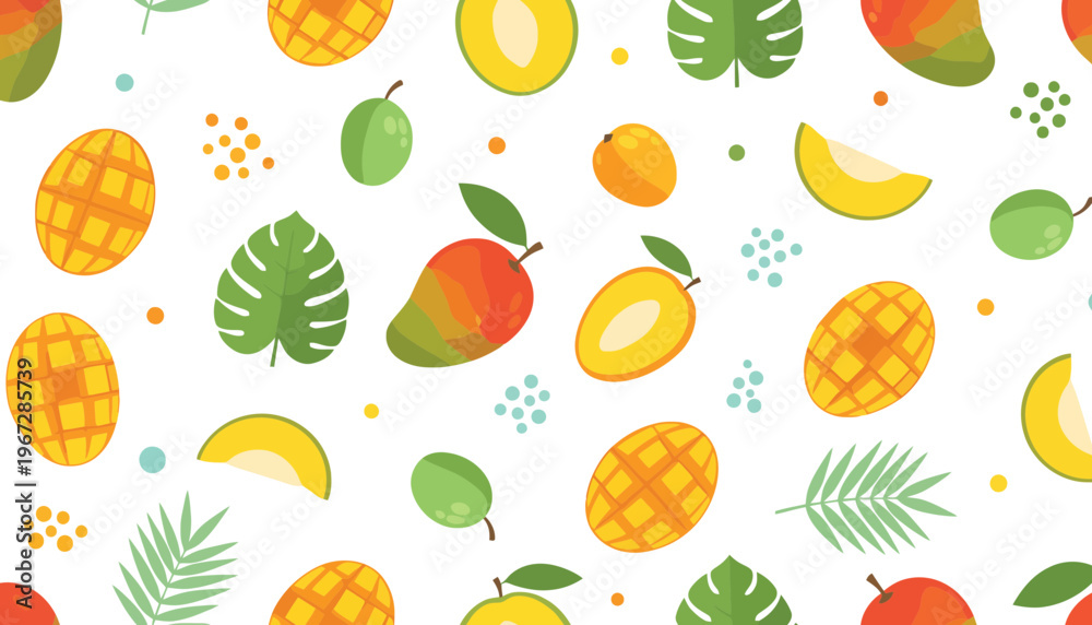 Obraz premium A vibrant tropical fruit pattern with colorful illustration of pineapples and mangoes