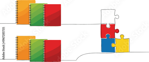 Vector illustration with colorful notebooks and puzzle pieces concept showing problem solving and step by step progress