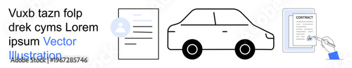 Car insurance, legal documentation, signing contracts, vehicle ownership, policy agreements, customer verification. Visual icons of a car, contract paperwork and signing process. Car insurance