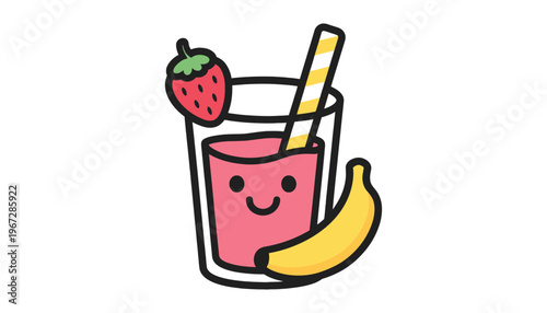 A cartoon strawberry banana smoothie with a smiley face and straw