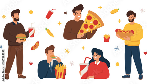 Food illustration of people eating various fast foods happily together