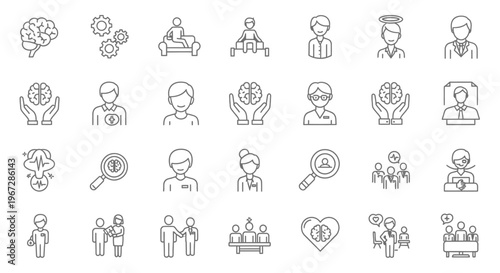 Mental health and therapy related line icons depicting people and concepts