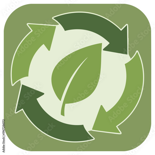 Green recycling symbol with a leaf in the center on a square background with arrows in a circular motion.