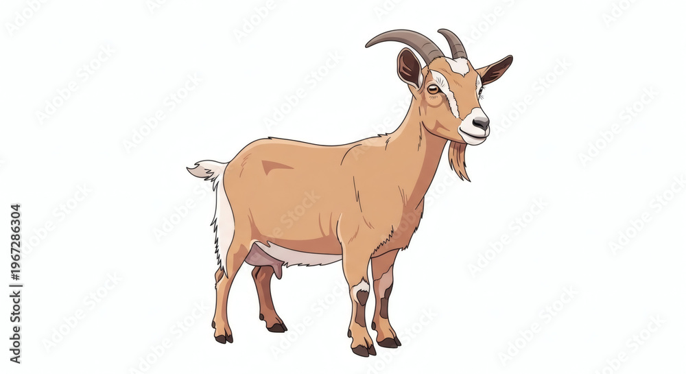 Fototapeta premium A charming brown farm goat with horns stands proudly on a white background, showcasing its rustic farm animal charm