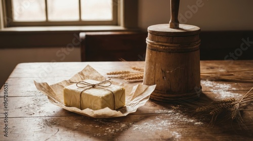 Fresh butter block wrapped in parchment paper on a rustic wooden table A vintage wooden butter churn wheat and flour