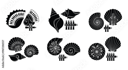Black and white illustration of various seashells and nautical themed objects