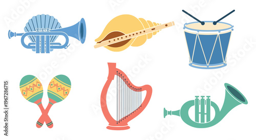 Colorful collection of various musical instruments arranged on a white background