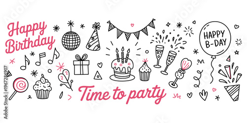 Happy Birthday and Time to Party Doodle Elements with Cake and Balloons celebration