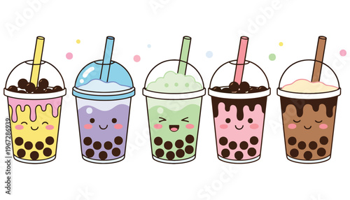 Boba tea colorful cartoon illustration with smiling faces and straws