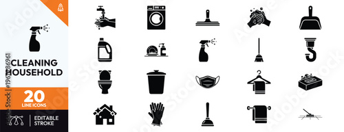 Cleaning and household icon set featuring hygiene and sanitation symbols like washing machine, soap, spray bottle, gloves, broom, and toilet for home maintenance and disinfection themes.