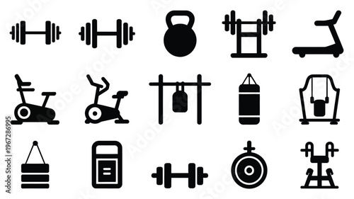 Collection of black silhouetted fitness equipment icons on a white background representing a comprehensive gym workout and healthy lifestyle concept with various training tools