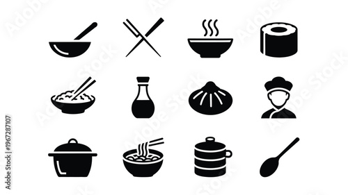 Collection of asian cuisine icons featuring dumplings noodles sushi rolls rice bowls chopsticks soup bowls soy sauce bottles chef and cooking pots for restaurant menus food blogs