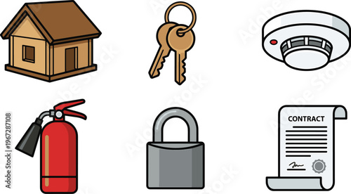 A house with a fire extinguisher and keys next to a contract and lock.