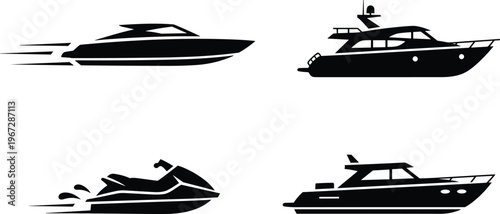 Vector Silhouette Set of Modern Luxury Yachts Featuring Speedboat, Jet Ski, Motorboat, and High-Speed Racing Watercraft for Nautical Summer Travel Design