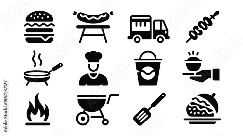 Collection of twelve minimalist black silhouette icons representing barbecue food cooking and outdoor grilling elements on a clean white background perfect for web design