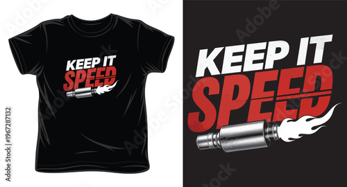 Automotive performance graphic featuring flaming muffler and bold speed text for streetwear clothing