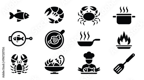 Collection of twelve minimalist black icons representing seafood and cooking including fish shrimp crab lobster chef frying pan pot spatula and flames perfect for culinary themes