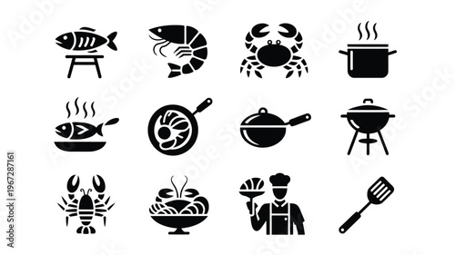 Collection of twelve minimalist black seafood and cooking icons including fish shrimp crab lobster and chef representing healthy eating and culinary preparation on a clean white