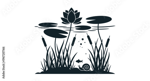 Black silhouette of pond aquatic plants.