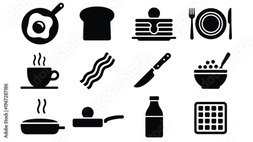 Collection of twelve black and white vector icons representing breakfast foods and cooking elements including a fried egg in a pan toast pancakes with syrup cutlery a steaming