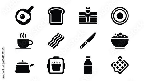 Minimalist black and white icons representing a delicious breakfast meal collection including fried egg toast pancakes coffee bacon cereal bowl and utensils perfect for food blogs