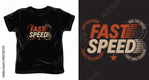 Vintage racing themed fast speed typography artwork for black apparel with circular emblems