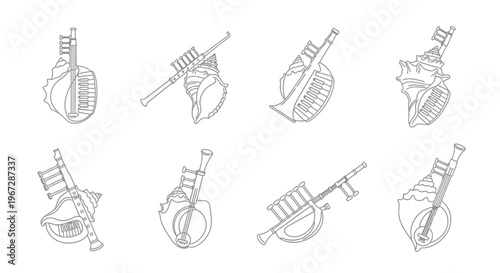 Line art illustration of various conch shell instruments and wind instruments