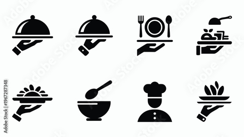Collection of diverse minimalist black silhouette icons representing food service culinary arts and restaurant hospitality featuring hands serving dishes plates bowls and chef