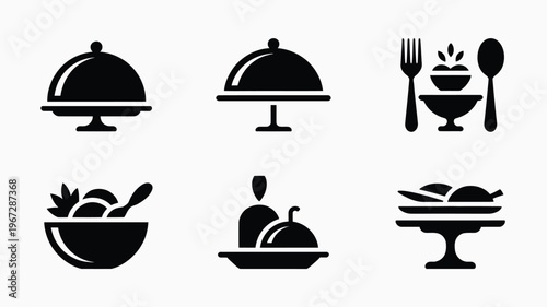 Collection of black silhouette icons representing food service dining and culinary concepts including covered dishes fruit bowls and serving platters perfect for restaurant