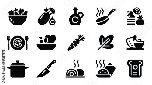 Collection of healthy cooking and food preparation icons in silhouette representing fresh ingredients kitchen tools and prepared meals for culinary nutrition and lifestyle